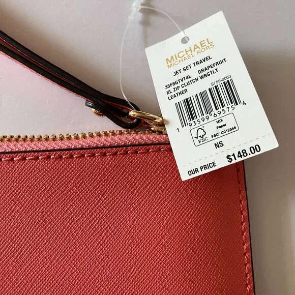 Michael Kors Jet Set Travel Zip Clutch Wristlet Leather Luggage Grapefruit NWT - Picture 2 of 6